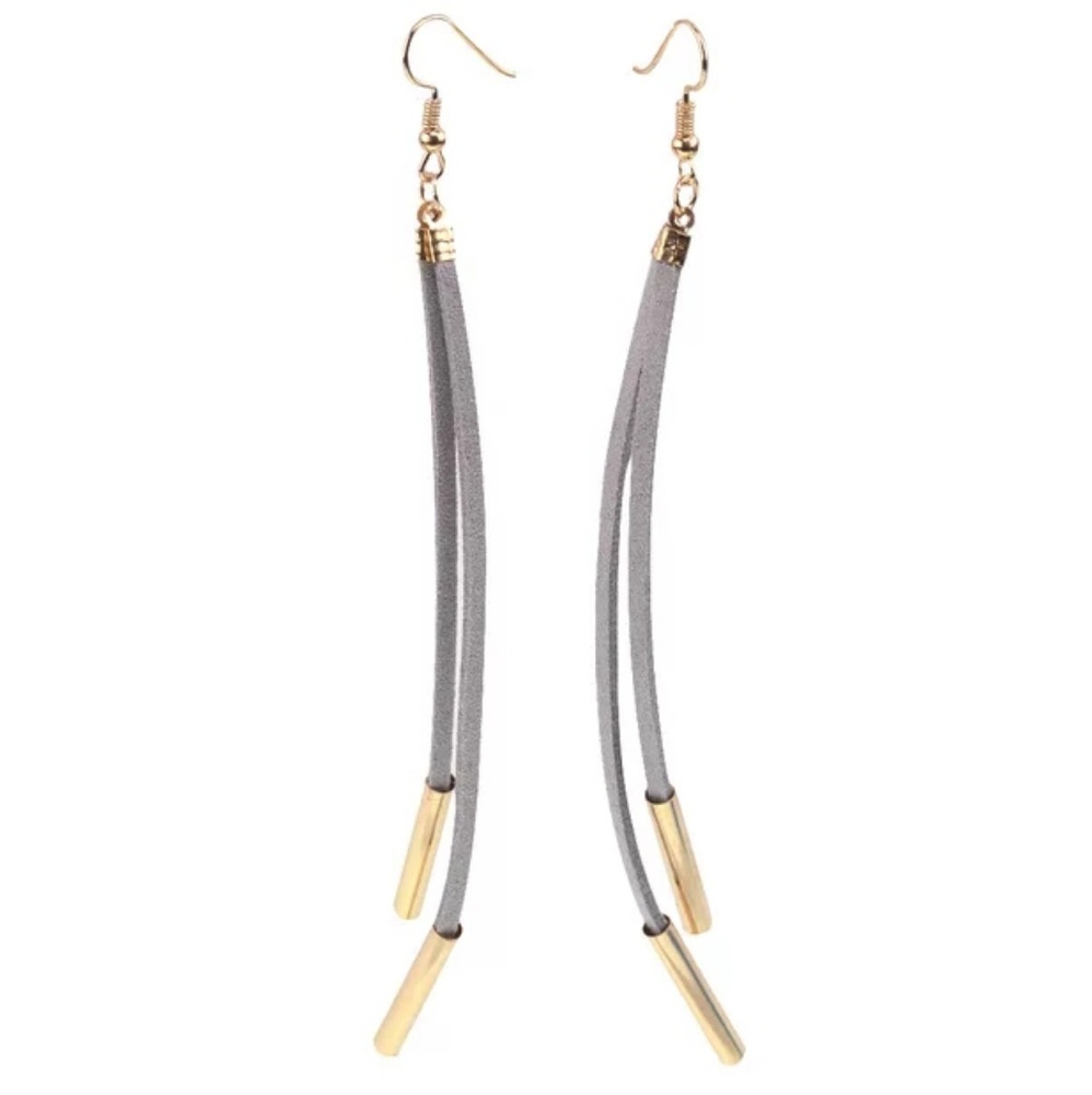 Gray & Silver Long Leather Suade Boho Earrings - Picture 2 of 3